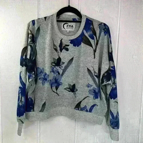 Zyia Active Gray and Blue Women's Cropped Floral Sweater/Sweatshirt Size Medium - Picture 1 of 7